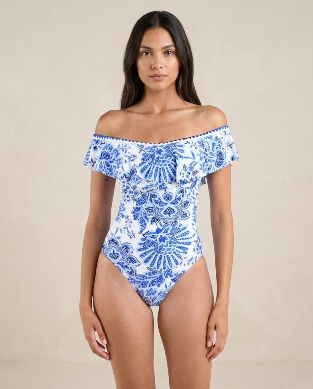La Blanca Beyond Floral Off Shoulder Ruffle One Piece Swimsuit Blue & White Sz 6